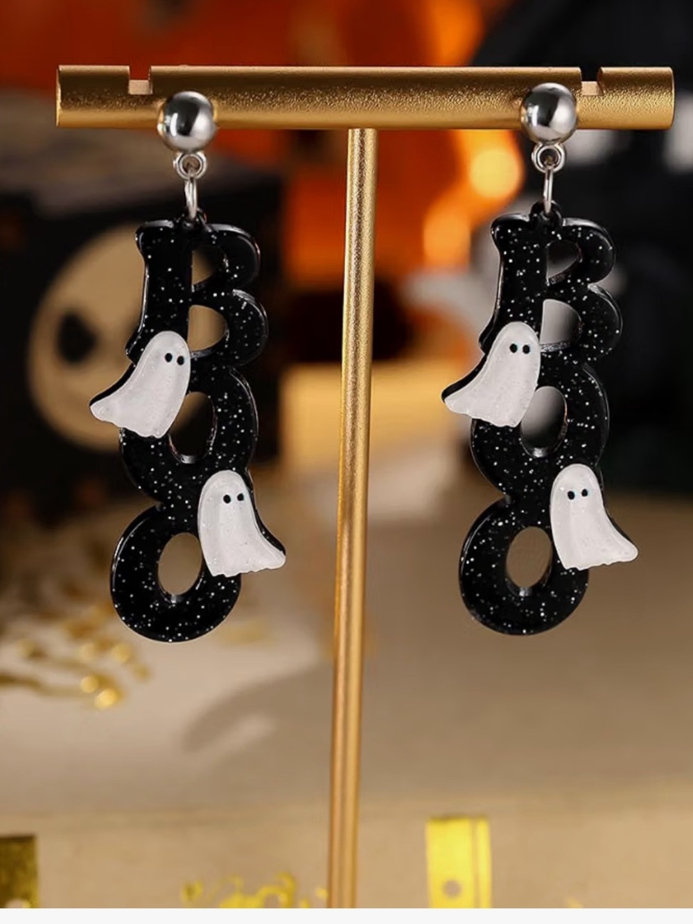 Fashion Jewelry Black 'BOO' Ghost Dangle Earrings with White Ghosts